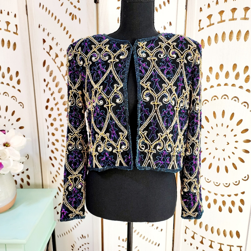 Vintage Glam Rock Patra Petites Heavily Embroidered Black Silk Jacket Size PS